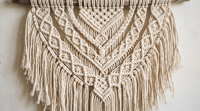 Handmade macrame wall hanging with tassels and neutral boho decor.