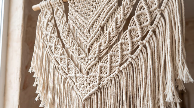 Handmade macrame wall hanging with intricate knotted fringe detail.