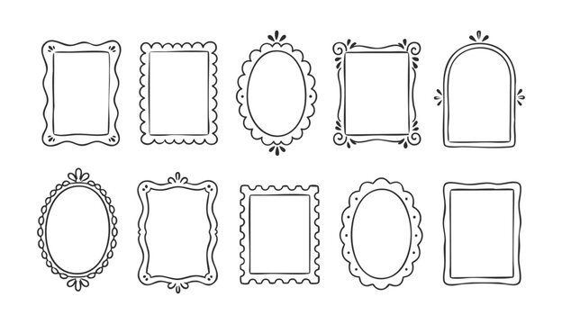 Frame border hand drawn set, summer doodle sea square line stamp, vector illustration. Vintage crayon ribbon, watercolor