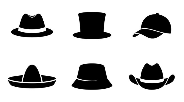 Minimalist hat vector set, black silhouette icons collection for fashion and design projects