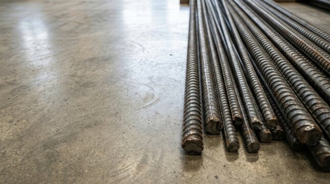 
Steel rebar (ribbed/corrugated construction bars) used in reinforced concrete structures. space for text