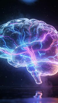Vertical video: Cueing holo brain turning in studio on black floor, neon veins pulsing to show map
