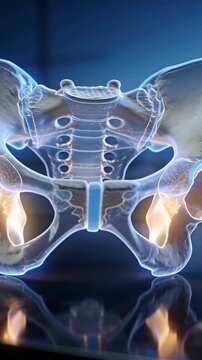 Vertical video: Camera pulling back revealing translucent pelvic model in studio, showing sacrum