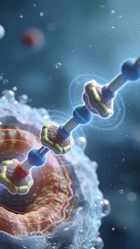 Vertical video: Docking ring molecule aligning and inserting at pore, probe signaling chain growth