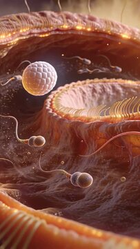 Vertical video: Ciliated rim making flow guiding motile sperm swimming toward ovum in oviduct fluid
