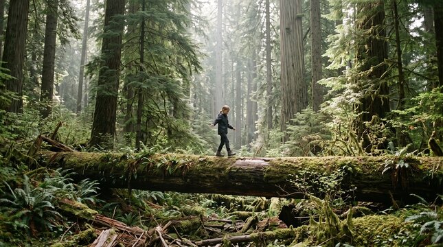 Young child balances on a moss covered fallen log in a lush green temperate rainforest with sunbeams filtering through the trees