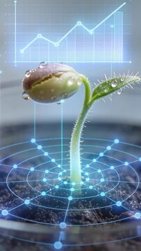 Vertical video: Reacting to water, solo seedling lifting from soil in glass dish, showing AR grid