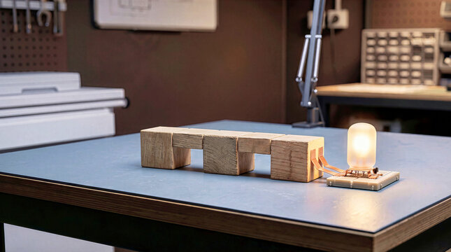 Wooden block bridge prototype with glowing light bulb node on electronic breadboard in dark workshop. Engineering project, technology innovation, circuit design and educational science concept