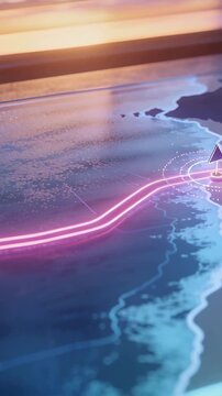 Vertical video: Advancing on command neon pink route pulsing toward nav pin on map display