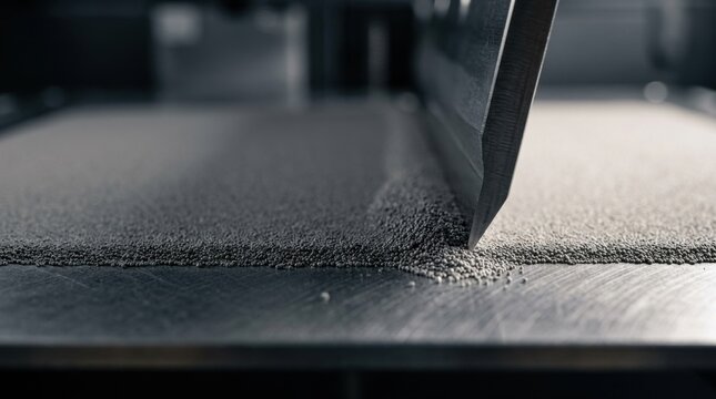 Additive manufacturing recoater blade spreading a uniform thirty-micron layer of fine nickel alloy powder across a steel print bed plate.