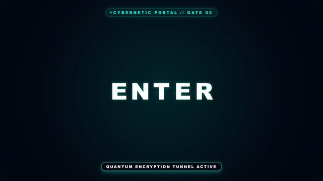 Cybernetic portal gateway displaying glowing enter text with futuristic dark blue digital interface design elements