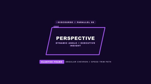 Modern dynamic graphic overlay featuring purple slanted frames and white perspective typography against dark background