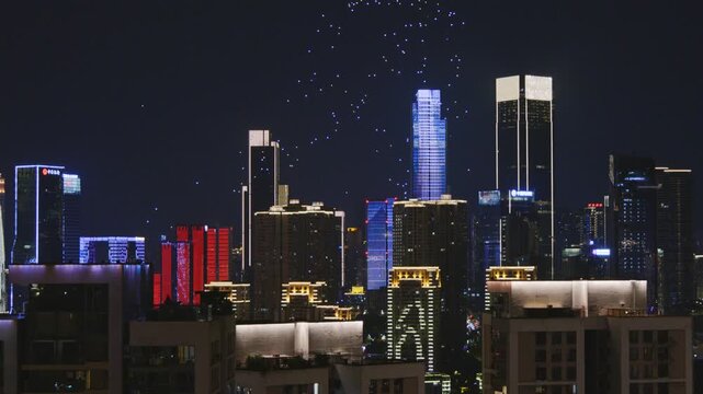 Chongqing cyberpunk city skyline drone show