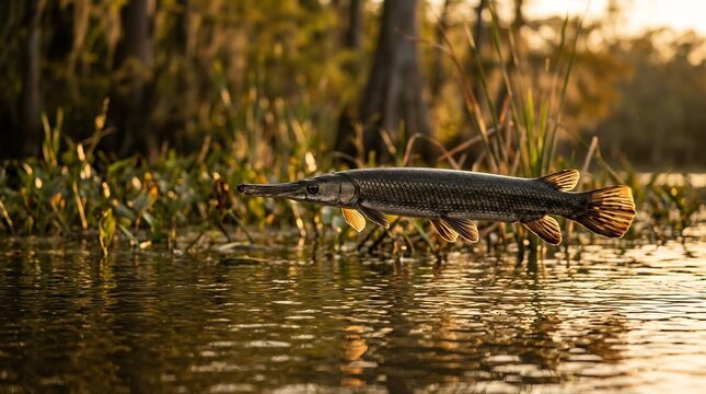 Long-snouted gar fish swimming through calm swamp waters during golden hour, with warm sunlight reflecting on the surface and dense reeds in the blurred background, serene mood