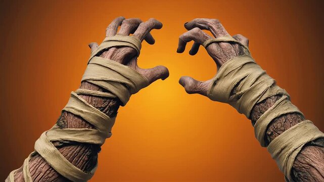 Creepy mummy hands wrapped in ancient cloth moving against glowing yellow background during Halloween celebration