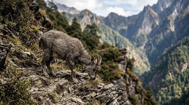 adult goral exhibits natural foraging behavior on a steep rocky cliffside within a high-altitude alpine habitat, showcasing adaptation to rugged mountain terrain and sparse vegetation.