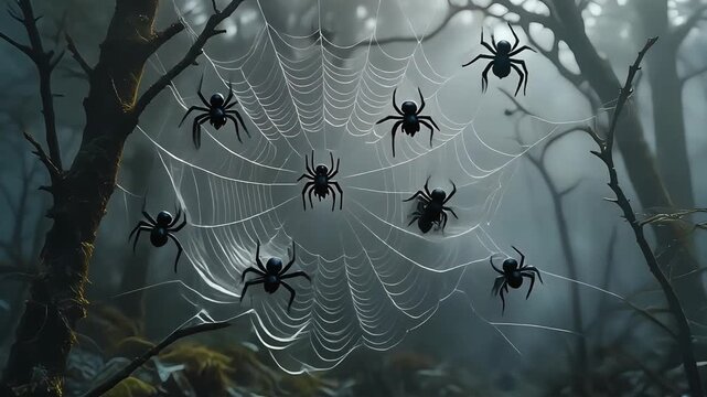 Multiple scary black spiders waiting inside a huge intricate web surrounded by dark spooky forest trees