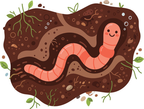 Cute cartoon earthworm crawling through underground soil tunnels on white background