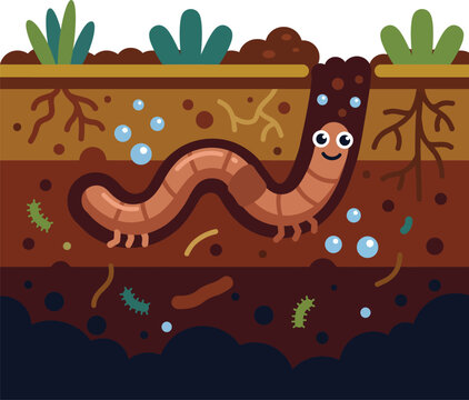 Cute cartoon earthworm character living in a cross section of soil layers