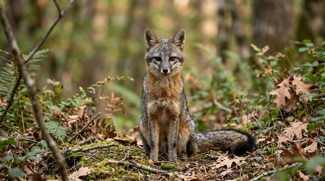 Evocative portrait of a gray fox sitting alertly on a forest floor covered in autumn leaves and moss symbolizing the quiet vigilance of wild mammals in their native woodland.