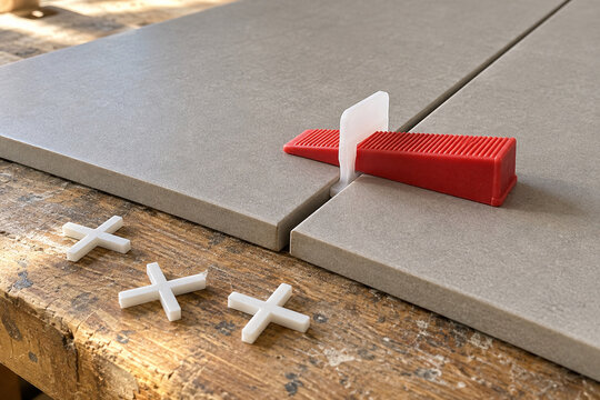 Porcelain tile leveling wedge and white spacers on a workbench
