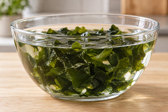 Wakame seaweed rehydrating in water in a clear glass bowl
