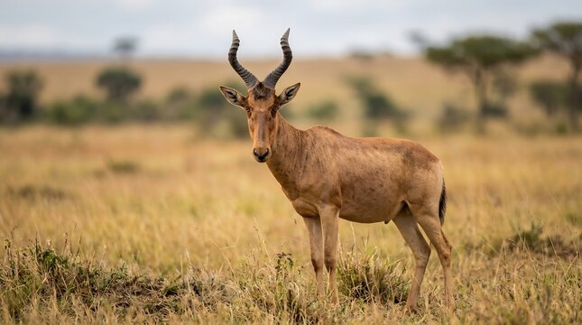 Full body portrait of a hartebeest antelope standing alert in a wide open golden grassland with a soft blurred horizon and natural lighting highlighting its unique horn structure