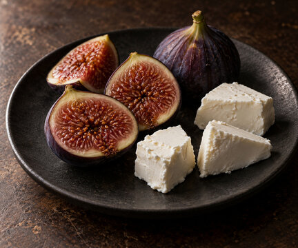 Ripe sliced figs with plain soft white cheese on a dark plate