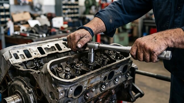 Rugged Mechanic Working on Engine Block with Socket Wrench in Garage