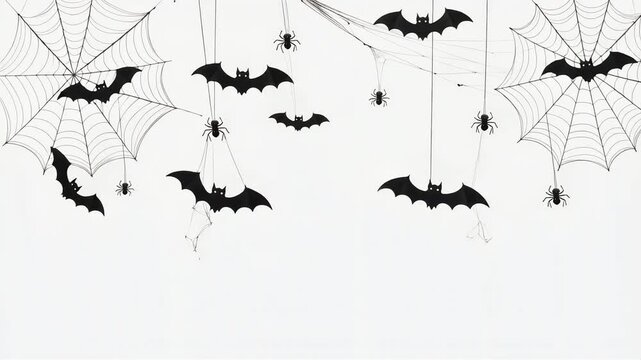 Spooky paper bats and hanging spiders swaying gently against a clean white background for halloween decorations