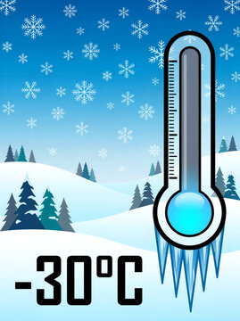Frozen thermometer at minus 30 degrees Celsius in snowy winter landscape illustration