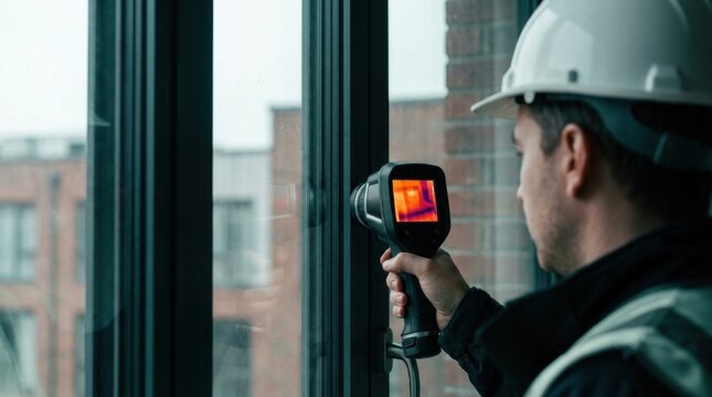 Building energy auditor holding infrared thermal imaging device against triple-pane window frame with silicone weatherstripping.