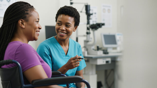 Black optometrist consulting with female patient in wheelchair in modern eye clinic. Healthcare specialist talking to disabled woman. Medical care concept