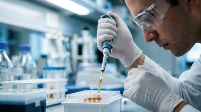 Scientist using an ergonomic micropipette to dispense amber colloidal silver nanoparticle suspension into clear polypropylene PCR tubes.