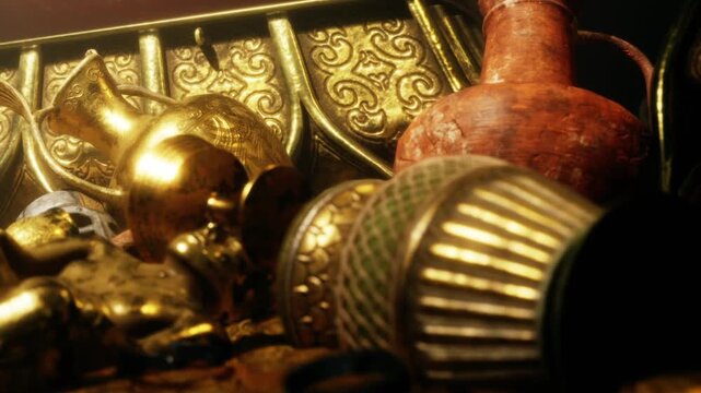 Golden and clay pottery pieces rest amid decorative details, illuminated by a soft glow. Each artifact showcases intricate designs, telling stories of a bygone era filled with mystery.
