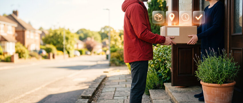 Delivery person hands package to customer at front door with digital icons showing tracking and delivery confirmation