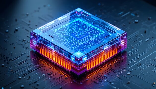 futuristic artificial intelligence cpu microchip on motherboard with glowing circuit lines