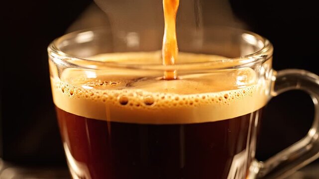 Espresso Stream: A rich, dark stream of espresso pours into a clear glass mug, creating a thick layer of crema, signaling a morning delight or a midday pick-me-up.