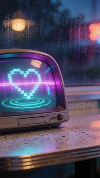 Vertical video: Pulsing CRT cycling pixel heart rings on diner counter magenta scanline, copy space