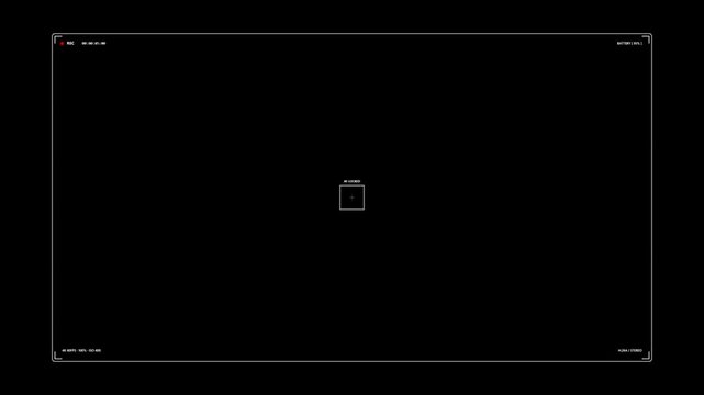 Professional Digital Camera Viewfinder Overlay with Recording Interface Elements Including Timecode Battery Status Focus Frame and 4K Resolution Settings on Black Background for Video Editing