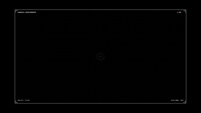 Modern Digital Security Camera Interface Overlay with Live Recording Indicator and Surveillance Metadata Text on Black Background for Professional Video Production and Monitoring Simulation
