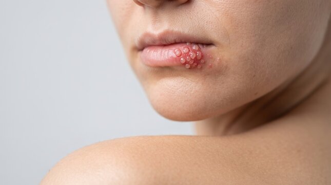 Close up of female lip with severe cold sore, clustered herpes simplex virus blisters and inflamed lips.