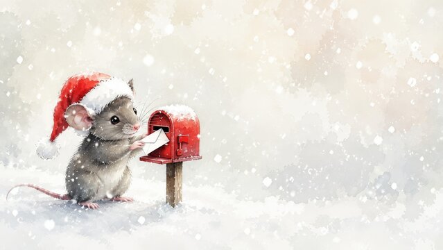 Watercolor christmas mouse delivering letters, cute rodent in santa hat by red mailbox in snowy scene. holiday greeting card, festive pet illustration, winter wonderland design copy space