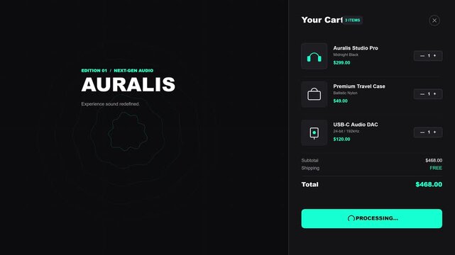 Dark mode ecommerce checkout interface animation showing digital cart and payment processing for audio equipment