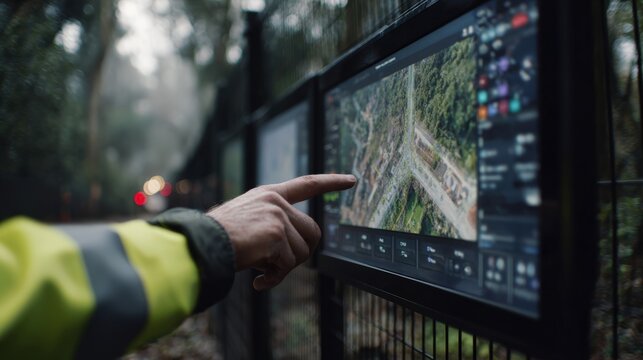 Hands operate an intelligent fencing control panel to monitor a property boundary and manage perimeter security in real time.