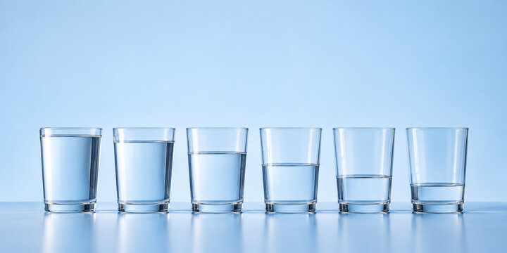 Six clear drinking glasses with different water levels on blue surface. Water consumption, measurement, comparison and conservation concept with copy space