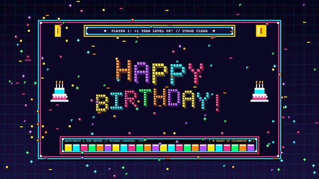 Retro 16Bit Pixel Arcade Happy Birthday Screen with Level Up Meter and Copy Space. Concept of Gamer Video Game Birthday Celebration.