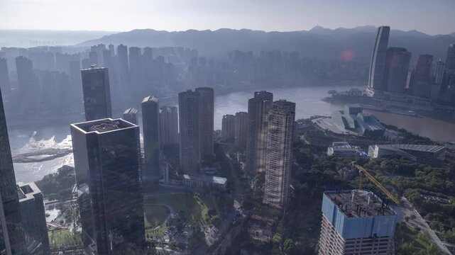 Chongqing cyberpunk city skyline with river
