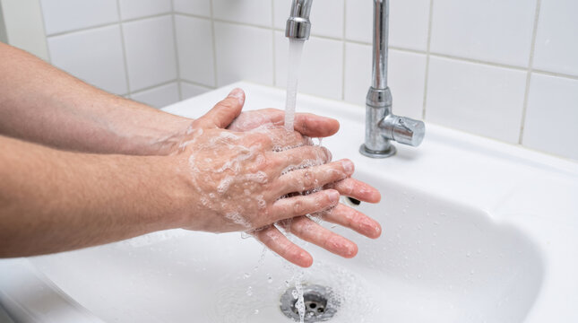 Man washing hands with soap under running water in sink