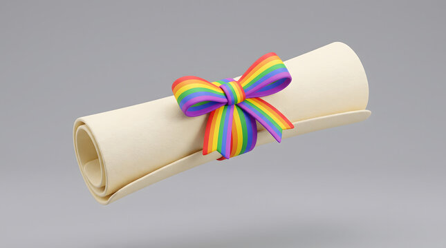 3D illustration of a graduation scroll tied with a vibrant LGBTQ pride rainbow ribbon bow